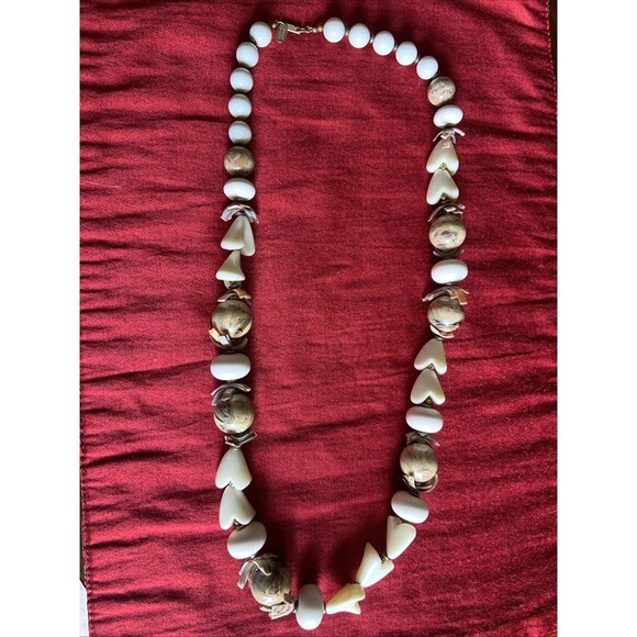 Miriam Haskell Jewelry - Vintage Miriam Haskell Earth Tone Stone Glass Bead Shell Necklace Boho Chunky